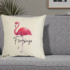 Perna Decorativa Flamingo Acuarela, 40x40 cm, Ecru, Husa Detasabila, Perna Inclusa, BEKZ®