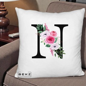 Cadou Personalizat - Perna Personalizata Monograma Florala Litera N, 40x40 cm, Alb Pufos, Husa Detasabila, Perna Inclusa, BEKZ®