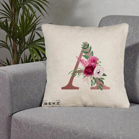 Cadou Personalizat - Perna Personalizata Monograma Rose Gold Litera A, 40x40 cm, Bej Canapea, Husa Detasabila, Perna Inclusa, BEKZ®