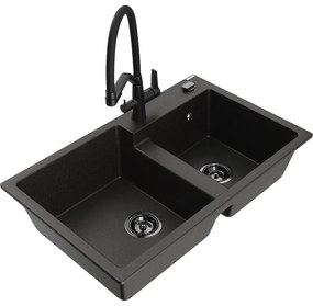 Mexen Tomas chiuvetă de granit cu două compartimente și baterie de bucătărie Duo, negru/auriu metalizat