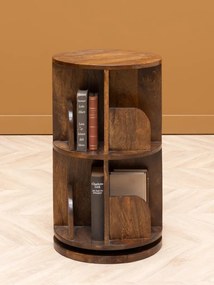 Bibliotecă rotativă din lemn masiv de mango, maro, cu 2 rafturi, 8 compartimente și formă cilindrică, 67 x 39 cm, „Victor”
