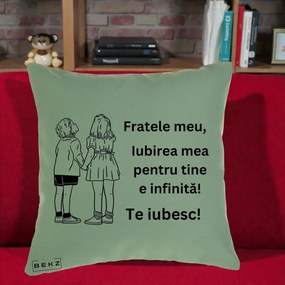 Cadou pentru Frate - Perna Personalizata Fratele Meu Te Iubesc Copii Tinand Maini Line Art, 40x40 cm, Verde, Husa Detasabila, Perna Inclusa, BEKZ®