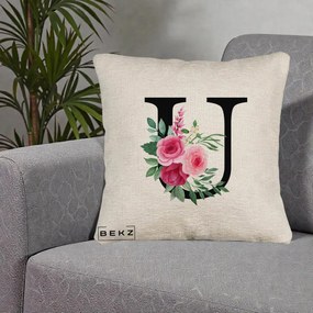 Cadou Personalizat - Perna Personalizata Monograma Florala Litera U, 40x40 cm, Bej Canapea, Husa Detasabila, Perna Inclusa, BEKZ®