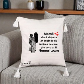 Cadou pentru Mama - Perna Personalizata Mama Nemuritoare Imbratisare, 40x40 cm, Bej cu Franjuri, Husa Detasabila, Perna Inclusa, BEKZ®