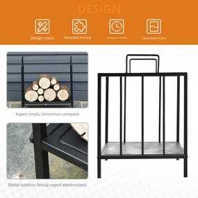 Outsunny Suport pentru Lemne pentru Interior și Exterior cu 2 Mânere, 44,5x33x46,5 cm, Negru | Aosom Romania