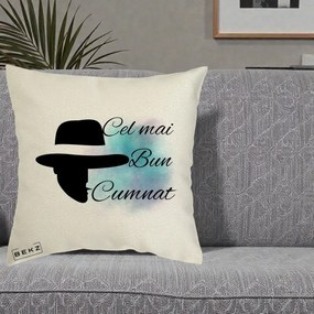 Cadou pentru Cumnat - Perna Personalizata Cel mai Bun Cumnat cu Silueta Palarie si Pete Teal-Roz, 40x40 cm, Ecru, Husa Detasabila, Perna Inclusa, BEKZ®