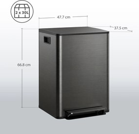 HOMCOM Coș de gunoi de bucătărie 2 compartimente 2 x 30L, oțel inoxidabil, capac cu închidere silențioasă, 47,7x37,5x66,8cm, negru | Aosom Romania