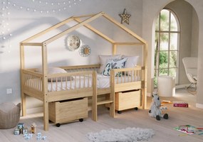 Pat Casă Înălțat Forrest Oak 90x200 cm, pentru Camera Copii, din Lemn de Stejar, Natur, cu Scară și 2 Sertare – Vipack