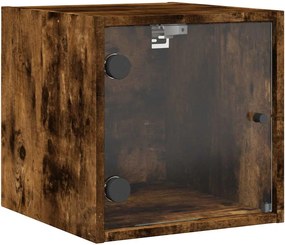 vidaXL Noptieră cu ușă din sticlă, stejar fumuriu, 35x37x35 cm