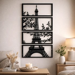 Decorațiune de perete Turnul Eiffel în 4 panouri, siluetă neagră cu frunze 45 x 21 cm