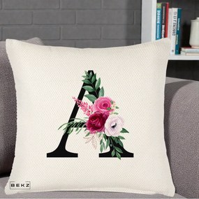 Cadou Personalizat - Perna Personalizata Monograma Florala Litera A, 40x40 cm, Crem Reliefat, Husa Detasabila, Perna Inclusa, BEKZ®