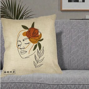 Perna Decorativa Portret Feminin Trandafir Ruginiu, 40x40 cm, Crem, Husa Detasabila, Perna Inclusa, BEKZ®