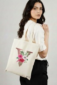 Sacosa de Panza pentru Cumparaturi, Geanta Tote, Cu litera V Rose Gold si Trandafiri, 38x34.5 cm, Alba, BEKZ®
