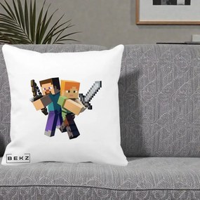 Perna Personalizata Minecraft Steve si Alex, 40x40 cm, Alba Mata, Husa Detasabila, Perna Inclusa, BEKZ®
