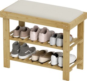 HOMCOM Bancă pentru încălțăminte din bambus, etajeră pentru încălțăminte cu 3 niveluri, stil scandinav, 60 x 29 x 49 cm, crem și lemn natural | Aosom Romania