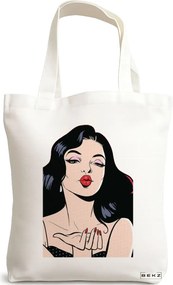 Sacosa de Panza pentru Cumparaturi, Geanta Tote, model Stylish Girl, 38x34.5 cm, Alba, BEKZ®