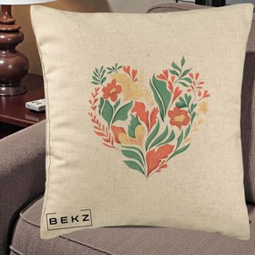 Perna Decorativa Inima Florala Botanica, 40x40 cm, Bej, Husa Detasabila, Perna Inclusa, BEKZ®