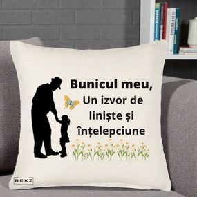 Cadou pentru Bunic - Perna Personalizata Bunicul Meu Izvor de Liniste cu Fluture si Fetita, 40x40 cm, Crem Reliefat, Husa Detasabila, Perna Inclusa, BEKZ®