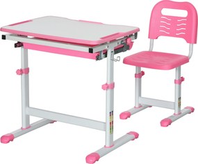 HOMCOM Set Masă și Scaun pentru Copii Reglabilă pe Înălțime, cu Blat Înclinabil 45°, 66x47x52-77 cm, Roz | Aosom Romania