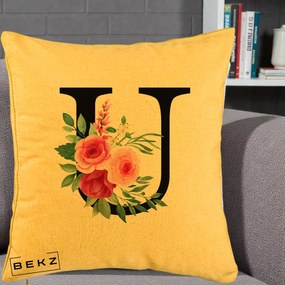 Cadou Personalizat - Perna Personalizata Monograma Florala Litera U, 40x40 cm, Galben, Husa Detasabila, Perna Inclusa, BEKZ®