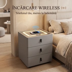 Noptieră inteligentă, încărcare Wireless și port USB+USB C, 3 sertare, 3 tipuri de iluminare LED touch, 3 tipuri de culoare, sticla securizata, Gri