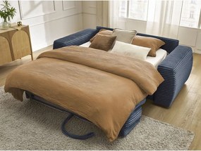 Canapea albastru-închis pentru dormitul zilnic/extensibilă cu tapițerie din catifea reiată 220 cm Hugo – Bobochic Paris