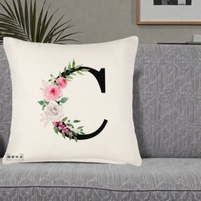 Cadou Personalizat - Perna Personalizata Monograma Florala Litera C, 40x40 cm, Crem Reliefat, Husa Detasabila, Perna Inclusa, BEKZ®