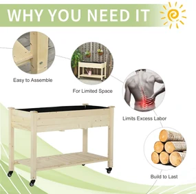 Outsunny Pat Grădină Legume Înălțat Lemn cu Roți, Jardiniera Înălțată cu Raft Inferior, 118x55x83cm, Natural | Aosom Romania