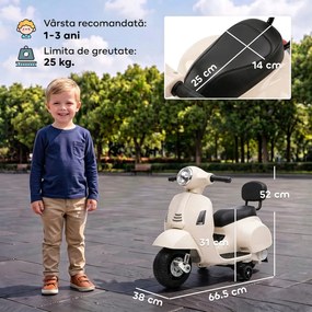 AIYAPLAY Motocicletă electrică pentru copii 1.5-3 ani mini Vespa GTS 7.2V, cu baterie litiu, spătar, roți ajutătoare, far, claxon, 2.5km/h, max. 25 Kg, alb crem | Aosom Romania