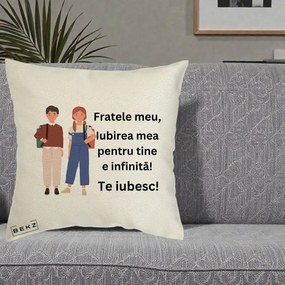 Cadou pentru Frate - Perna Personalizata Fratele Meu Te Iubesc Elevi Ilustratie Colorata, 40x40 cm, Ecru, Husa Detasabila, Perna Inclusa, BEKZ®