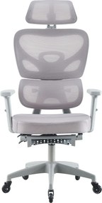 Scaun ergonomic, cotiere 3D, suport lombar adaptiv, spătar reglabil pe inaltime, tetiera 3D, suport pentru picioare, pivotant, Mesh, Gri