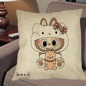 Perna Personalizata Labubu x Hello Kitty Maro-Vintage, 40x40 cm, Crem, Husa Detasabila, Perna Inclusa, BEKZ®