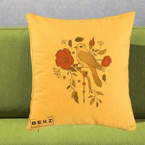 Perna Decorativa Pasare pe Ramura cu Maci, 40x40 cm, Galben, Husa Detasabila, Perna Inclusa, BEKZ®
