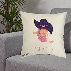 Perna Personalizata Zodiac Balanta Cowgirl, 40x40 cm, Ecru, Husa Detasabila, Perna Inclusa, BEKZ®