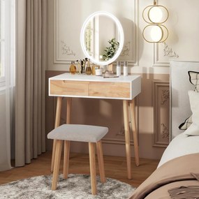 SEM235 - Set Masa toaleta, 70 cm, cosmetica machiaj, oglinda cu LED, masuta vanity, scaun tapitat - Alb - Maro