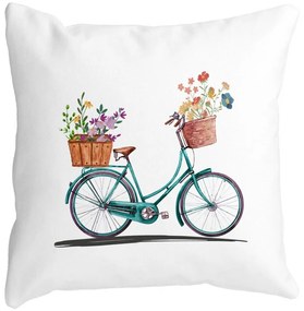 Perna Decorativa Patrata Bicicleta Floarala, 40x40 cm, Alba, Mata, Husa Detasabila, Burduf