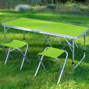 Set mobilier de camping pliabil, Jumi, verde, masă cu picioare reglabile și 4 tabureți
