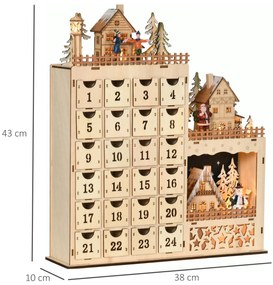 Calendar Advent de Craciun din lemn, cu lumini LED, pentru copii si adulti, natural HOMCOM | Aosom Romania