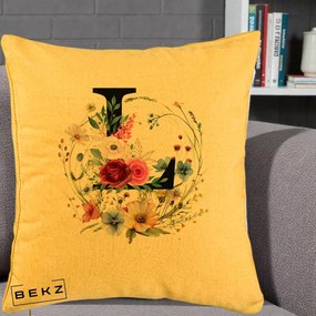 Cadou Personalizat - Perna Personalizata Monogram Litera L cu Flori Acuarela, 40x40 cm, Galben, Husa Detasabila, Perna Inclusa, BEKZ®
