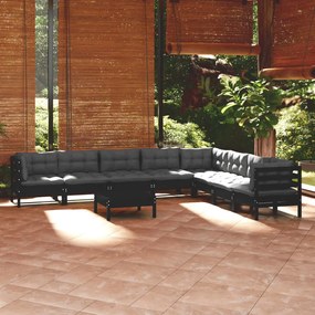 3096813 vidaXL Set mobilier grădină cu perne, 9 piese, negru, lemn masiv pin