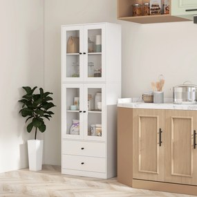 HOMCOM Vitrină Înaltă de Bucătărie 170 cm, 4 Uși din Sticlă, 2 Sertare, Polițe Reglabile, pentru Dining și Living, Alb | Aosom Romania