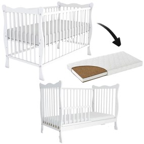 Patut din lemn masiv cu bariera 120x60 cm Kidizi Isla alb si saltea cocos LUX 120x60x12 cm,reglabil pe 3 nivele, certificat EN71