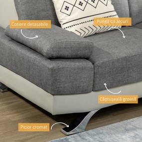 HOMCOM Canapea din Piele Artificială cu 2 Locuri și Tetieră Reglabilă pe 5 Niveluri, Canapea Modernă, 189x96,5x84 cm, Gri | Aosom Romania