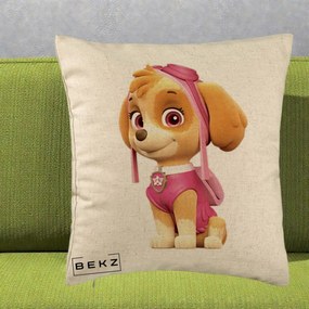 Perna Personalizata Skye PAW Patrol Roz, 40x40 cm, Bej, Husa Detasabila, Perna Inclusa, BEKZ®
