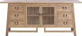 Bufet rustic din lemn reciclat, natur, cu 2 uși cu grilaj, 6 sertare și siluetă trapezoidală, 79 x 180 x 42 cm, „Joyeuse”