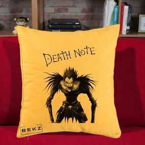 Perna Personalizata Death Note Ryuk Shinigami Alb-Negru, 40x40 cm, Galben, Husa Detasabila, Perna Inclusa, BEKZ®