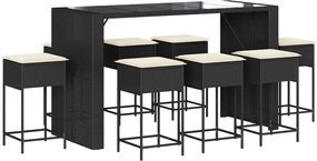 vidaXL Set mobilier bar de grădină cu perne, 9 piese, negru, poliratan