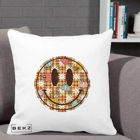 Perna Decorativa Smiley Face de Toamna cu Tartan si Dovlecei, 40x40 cm, Alba Mata, Husa Detasabila, Perna Inclusa, BEKZ®
