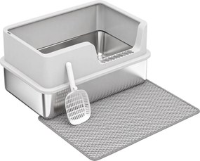PawHut Litieră pentru Pisici xl cu Covoraș, Tavă din Oțel Inoxidabil, Lopățică, Perie, Până la 8 Kg, Gri Deschis | Aosom Romania
