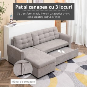 Canapea Extensibila pe Colt cu 3 Locuri si Compartiment de Depozitare, Tapiterie Efect In, Spatar cu perne 217x134x85cm, Gri HOMCOM | Aosom Romania